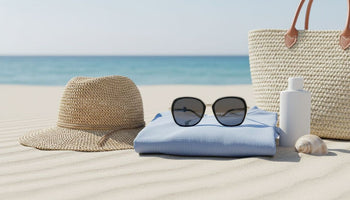 Acessórios de praia em uma superfície de areia